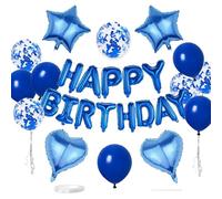 16 Pcs Royal blue Birthday Decorations, 3D Royal blue Foil Black Happy Birthday Balloon Banner, Pentagram Heart Foil Balloons Kit For Boys Girls Party Supplies
