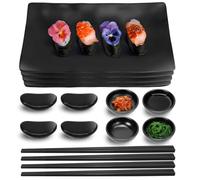 16 Pcs Sushi Plates Set, Melamine Sushi Serving Set for 4, Black | Japanese Sushi Plate Set with Sushi Trays, Soy Sauce Bowls, Chopsticks and Holders, Sushi Dinnerware Set