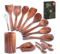 16 Pcs Teak Wooden Cooking Utensils Set - Premium Teak Wooden Utensil Set with Holder, Wooden Spoons for Cooking, Spatulas & Ladle - Durable Kitchen Utensils for Everyday Use - Cooking Utensils Set