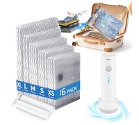 16 PCS Vacuum Seal Bags for Clothing with Electric Air Pump, Compression Space Saver, Vacuum Storage Bags for Luggage, Travel, Blankets, Pillows, Bedding and Moving, Hand Pump Included