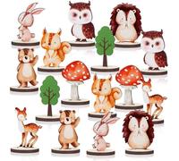 16 Pcs Woodland Painted Wooden Plants Animal Cutout Shapes Cute Wood Animal Cutouts with Stands for Forest Themed Party Room Decoration Supplies, 8 Styles