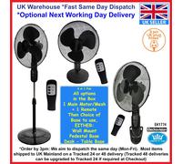 16" Pedestal Fan, or Desk, or Wall Mounting, 3-in-1, Remote, Timer. Black, UK
