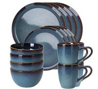 16 Piece Blue Reactive Glaze Stoneware Dinner Set for 4, Plates Bowls and Mugs Matching Crockery Dining Set