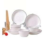 16-Piece Ceramic Dinnerware Set with Bowls, Plates and Chopsticks, White with Black Trim