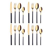 16 Piece Cutlery Set, 18/8 Stainless Steel Cutlery Set with Table Knife/Fork/Tablespoon/Tea Spoon, Mirror Polished Silver, Dishwasher Safe (Black Gold)