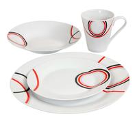 16 Piece Dinner Set - Red & Black Patterns Dinnerware Set | 4 Bowls, 4 Side Plates, 4 Mugs, 4 Soup Plates | Kitchen Microwave & Dishwasher Safe - for Cereal, Desserts, Porcelain Cup