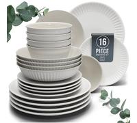 16-Piece Dinnerware Set - Bowl and Plate Set - Stoneware Dining Set for 4 People - Dishwasher and Microwave Safe - Grooved Dining Service in Light Grey