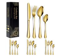 16-Piece Golden Silverware Cutlery Set Service for 4, Stainless Steel Flatware Set, Including Spoons/Forks/Knives Tableware Utensil Set for Kitchen/Home/Restaurant, Mirror Polished, Dishwasher Safe