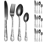 16-Piece Gothic Stainless Steel Flatware Set, Halloween Skull Cutlery Set, Skeleton Flower Pattern Unique Knives/Forks/Spoons, Silverware Set Service for 4, Mirror Polishing, Dishwasher Safe
