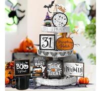 16 Piece Halloween Seasonal Wooden Ornament Set for Multi Level Tray, Bookshelf, Fireplace Display Featuring Classic Pumpkin and Witch Designs