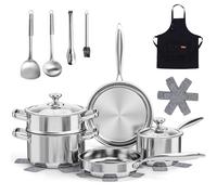 16-Piece Stainless Steel Saucepan Set, Induction Pots and Pans Set with Steamer & Glass Lids, Kitchen Cookware Set with Utensil Set Pot Protectors and Apron, Compatible with All Stoves