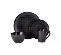 16-Piece Stoneware Dinner Set, Geometric Pattern, Black