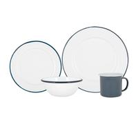 16 Piece White Enamel Dinner Set - cm - Navy