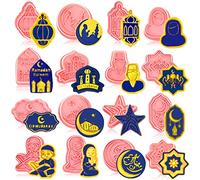 16 Pieces Eid Mubarak Cookie Cutters with Plunger Stamps Set Ramadan Islamic Muslim Biscuit Mold Star Lantern Moon 3D Cookie Stamper Mini Ramadan Plastic DIY Tools for Baking Fondant Supplies