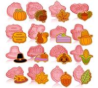 16 Pieces Fall Cookie Cutters with Plunger Stamps Set Fall Biscuit Mold Maple Leaf Turkey Pumpkin 3D Cookie Stamper Plastic DIY Cookie Tools for Thanksgiving Day Baking Fondant Supplies