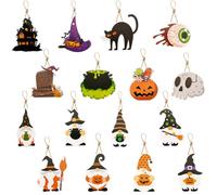 16 Pieces Halloween Hanging Decorations for Tree - Witches Hat, Gnome, Pumpkin, Skull, Cat Shape Ornaments With Rope - Indoor Outdoor Party Decorations
