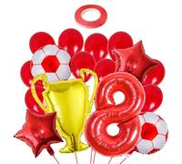 16 Pieces Of Balloons, 1 Roll Of Red Ribbon, Soccer Star Trophy Digital Set, Shooting Background Props, 8Th Birthday Party Decoration.