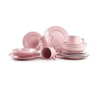 16 Pieces Stoneware Dinner Set for 4, Pink Ceramic Dinnerware Set with Plates, Bowls & Mugs, Chip & Scratch Resistant, Microwave & Dishwasher Safe