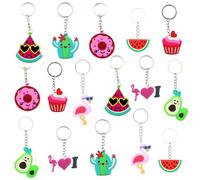 16 Pieces Summer Keychains, Silicone Keychains for Kids, Fruits and Treats Keyring Watermelon Avocado Doughnut Flamingo Cactus, Cute Backpack Keychain Summer Party Favours