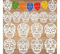 16 Pieces The Day of The Dead Skull Cake Stencils Plastic Cake Stencil Templates Plastic Skull Cookie Stencil Skull Painting Stencils Mexican Party Stencil Templates Decor for Cake Halloween, 2 Sizes