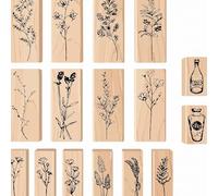 16 Pieces Wooden Rubber Stamp Plant and Flower Decorative Vintage Mounted Rubber Stamp Set Vintage Wooden Stamps for DIY Craft, Scrapbook, Painting, Letters Diary, Teaching and Card Making