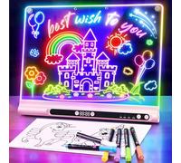 16“ Rechargeable LED Drawing Board, 9-Color Light Modes with Timer & Built-in Stand, Neon Art Dry Erase Glow Up Doodle Note Pad, Sketching Gift Toy for Kids/Girls/Teens, 6 Markers & Tracing Book-Pink