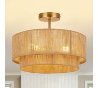 16'' Semi Flush Mount Ceiling Light,Boho Light Fixtures,3-Light Coastal Hemp Rope Ceiling Light Flush Mount with 2-Tier Drum Shade,Farmhouse Rattan Ceiling Lights for Bedroom, Kitchen,Living Room