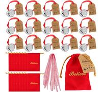 16 Sets Christmas Believe Bell Ornaments Xmas Bell with Red Velvet Bag Believe Tags Ribbons Xmas Tree Hanging Decor Jingle Bells The Polar Sleigh Bells Santa Gift Party Favors