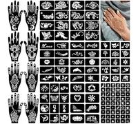 16 Sheets Henna Tattoo Stencils Kit Reusable for Women Girls and Kids, 205+ Pieces Temporary Indian Arabian Glitter Airbrush Tattoo Stencils for Face Body Paint DIY
