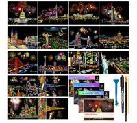 16 Sheets Scratch Art for Adults, Scratch Art Adults A4 with 4 Tools, 29 x 21cm Landmark Building City Series Night Scene Scratchs Arts, Rainbow Scratchs Painting Scratchboard for Adults DIY Craft