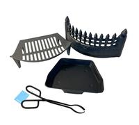 16" Solid Cast IRON FIREPLACE GRATE SET - Castle Front Design with Ash Pan & Steel Log Tongs for Traditional Home Fireplaces