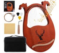 16-String Portable Mahogany Lyre Harp, Intricate Antler Carvings, Comes With Tuning Wrench, Carry Bag, And Accessories