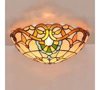 16" Tiffany Style Baroque Flush Mount Ceiling Light - Retro Stained Glass Bowl Shade Lamp for Living Room & Bedroom Elegant Metal Decor E27 Lighting Fixture