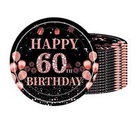 16 x Disposable Plates 7 Inches, Black Pink Gold Birthday Decoration, 60th Birthday Decoration, Disposable Dessert Plate for Happy Birthday Parties, Birthday Disposable Tableware Kit