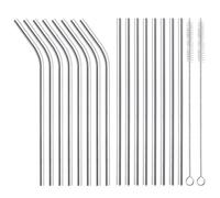 16 x Metal Stainless Steel Reusable Drinking Straws Eco Friendly & Cleaning Brush, Party Summer Use Birthday Smoothie Milk Shake Water Juice Silver Bent & Straight Straws