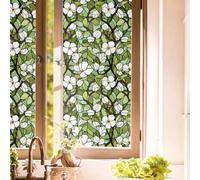 16“x118 Green White Floral Double Side Window Films Art Decorative Window Privacy Tinting Film Self-Adhesive Static Glass Window Clings Stickers for Living Room Bathroom Glass Windows Decor