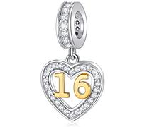 16 Yr Old Birthday Charms fit Pandora Moments Bracelet, 18K Gold Number 16 Dangle, 925 Sterling Silver 16th Anniversary Heart Pendant Bead with CZ, Gifts for Granddaugter/Grandson
