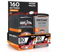 160 Batteries for Hearing Aids Size 13 PR48 (Orange) 20 Blister of 8 with Phono Pulse Technology - 160 Batteries: 80 Rayovac + 80 Udivita