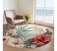 160 cm Round Machine Washable Rug, Hibiscus Tropical Flowers Palm Leaves Area Rug, Non-Slip Thin Low-Pile Colorful Carpet for Living Room, Bedroom, Dining Table, Pet & Kid Friendly