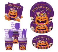 160 Disposable Halloween Purple Pumpkins, Paper Towels, Paper Cups for Decoration, Suitable for 20 People, Suitable for Party and Ghost Festival Decoration