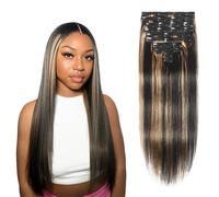 160 g 10 Pcs/Set Highlight Clip In Human Hair Extensions Silky Straight Black Mixed With Brown Hairpiece Wear and Go(24 inch)
