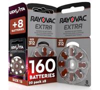 160 Hearing Aid Batteries 312 Rayovac Extra + 8 Udivita Batteries - 20+1 8-Pack PR41 Brown