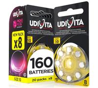 160 Hearing Aid Batteries Size 10 Udivita (PR70 Yellow - Zinc Air) with Phono Pulse Technology - 20 Blisters of 8 Batteries