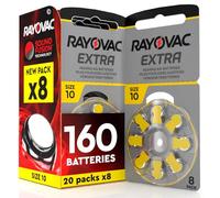 160 Hearing Aid Batteries Size 10 Yellow Rayovac Extra | 20 Blister Packs of 8 Batteries