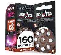 160 Hearing Aid Batteries Size 312 Udivita (PR41 Brown - Zinc Air) with Phono Pulse Technology - 20 Blisters of 8 Batteries