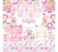 160 PCS Cat Birthday Party Supplies - Cat Balloons, Birthday Banner, MEOW Garland, DIY Hanging Sign, Cake Topper, Plates, Napkins, Cups and Tablecloth for Cat Birthday Decorations, Serve 20 Guests