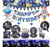 160 PCS Outer Space Party Supplies - Solar System Party Supplies Balloon, Astronaut Happy Birthday Banner, Cake Topper, Plates, Napkins, Cup, Tablecloth for Boy Kid Party Decorations, Serves 20 Guest
