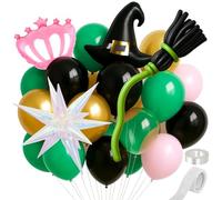 160 PCs Wicked Party Decorations Sets, 12 Inch Green Pink Black White Balloons with Pink Crow and Wizard Hat Party Decoration for Cosplay Birthday Shower Decor Supplies