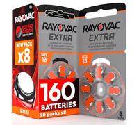 160 Rayovac Extra Hearing Aid Batteries Size 13 PR48 Orange Udivita - 20 Blister Packs of 8 Batteries