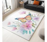 160 x 230 cm Area Rug for Living Room Bedroom, Simple Flowers Butterfly Printing Anti Slip Short Lint Carpets Home Decor, White Pink Soft Durable Washable for Kitchen Dorm Kids Play Mat